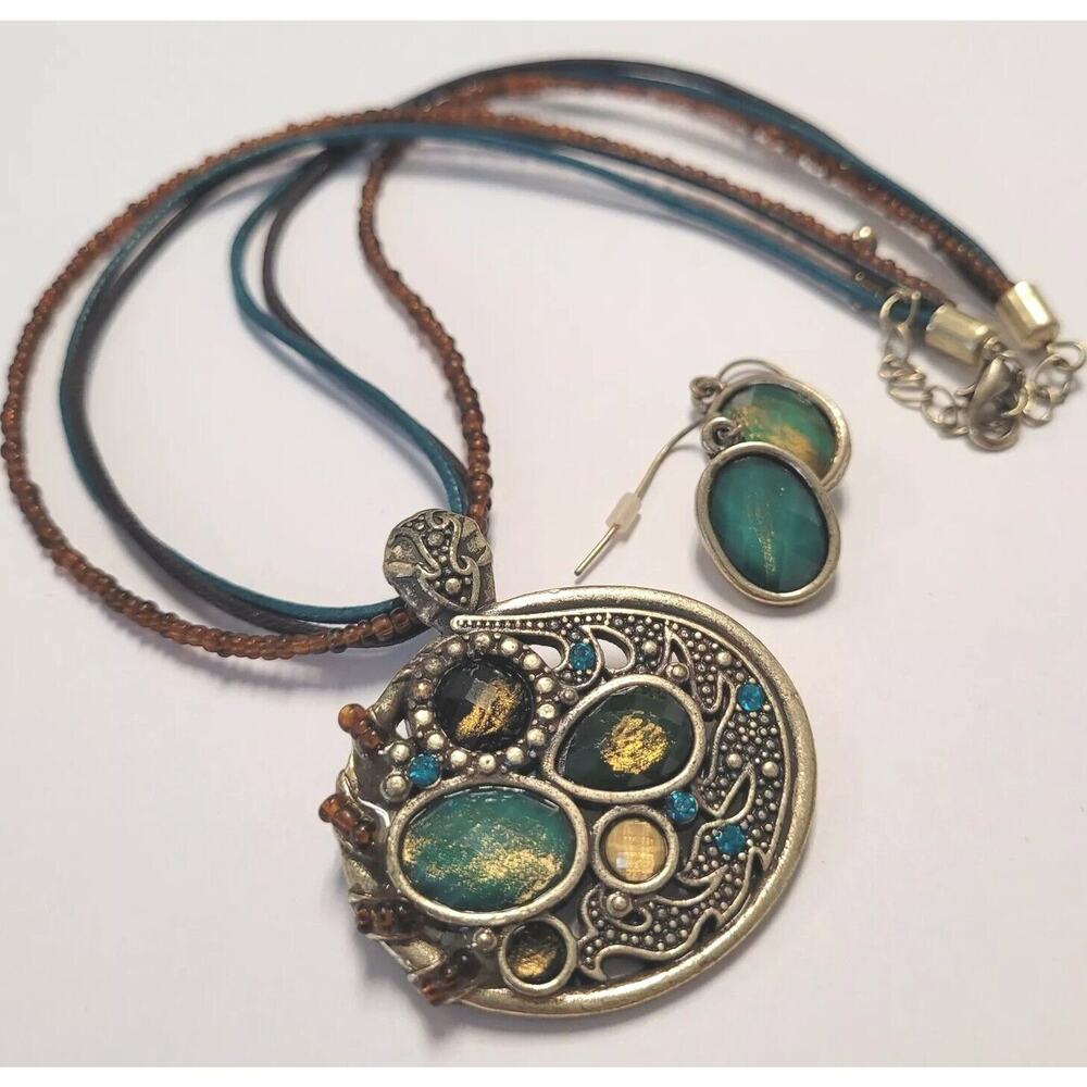 Art to Wear Boho Choker Necklace Earring Set Retro Art Deco Bead Stone Cabochon